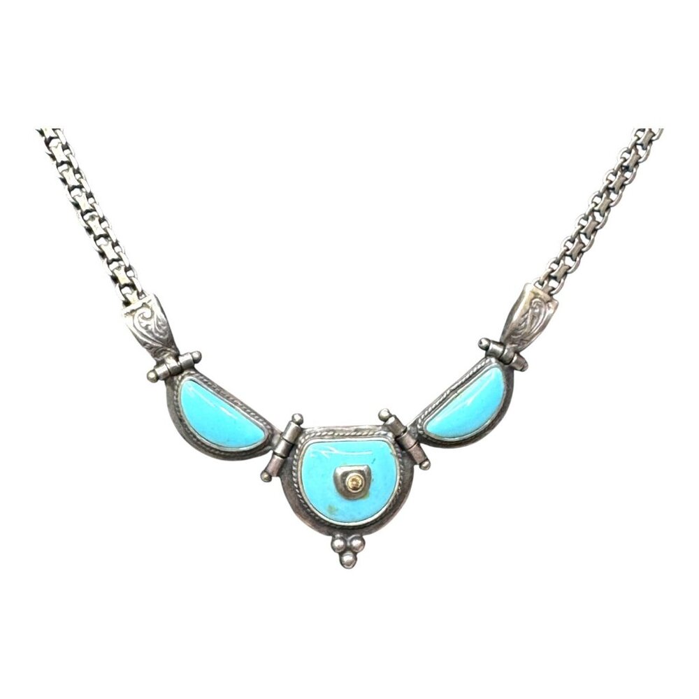 Vintage Sterling Silver Turquoise Artisan Necklace Bib Collar 17" Art Deco